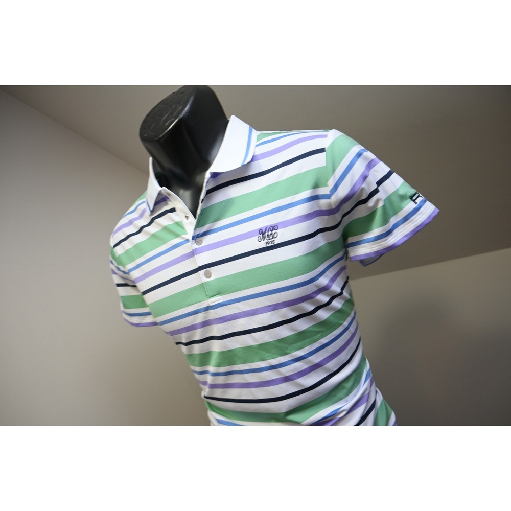 RLX Ralph Lauren Polo Shirt Womens Large Green Purple Striped Tailored Fit EUC